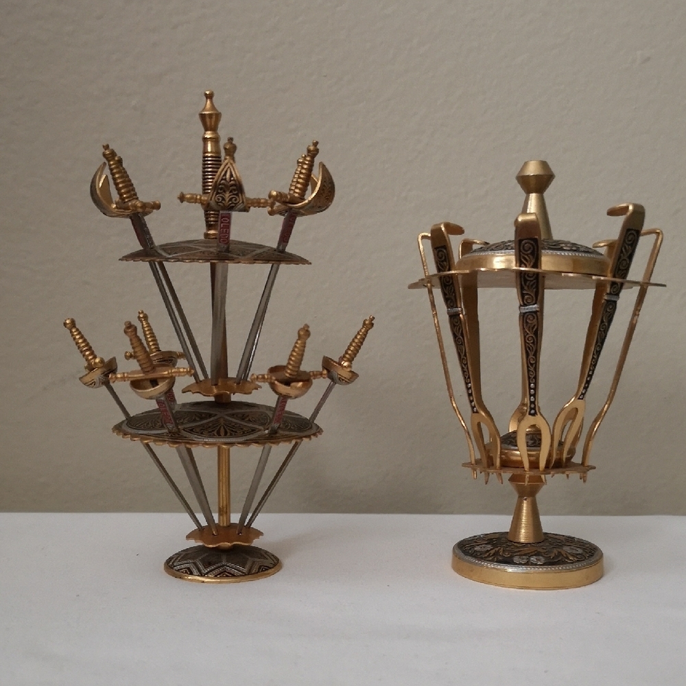 Vintage Two Sets of Toledo Spain Appetizer Forks & Swords in Stands Please READ